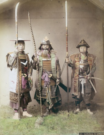 Three samurai warriors in armour, circa 1880. (Photo by Kusakabe Kimbei/Hulton Archive/Getty Images)